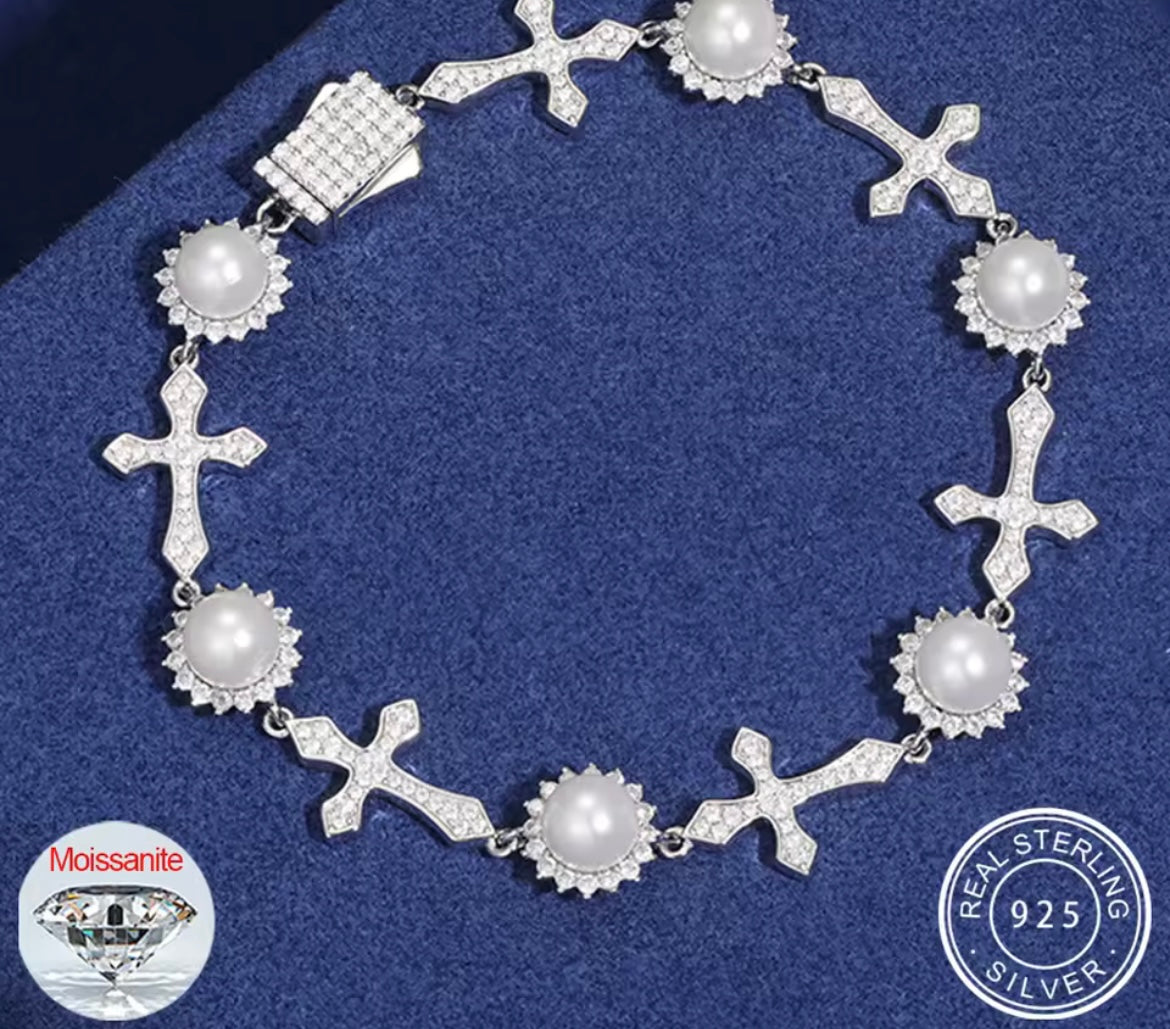 Silver Pearl Cross Bracelet