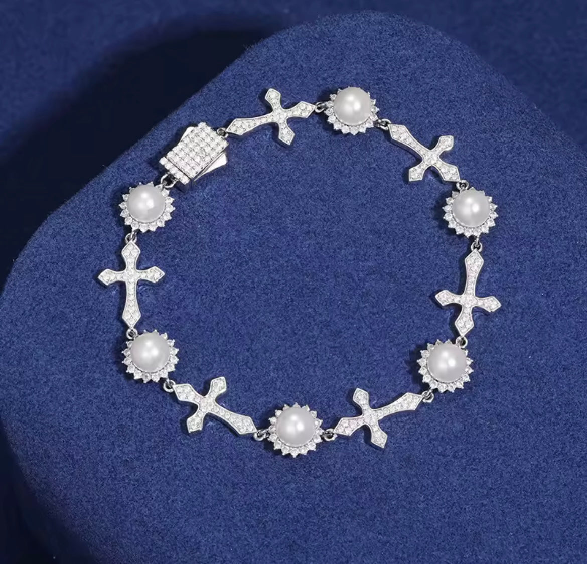 Silver Pearl Cross Bracelet