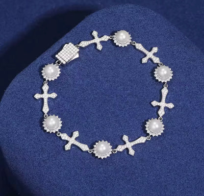 Silver Pearl Cross Bracelet