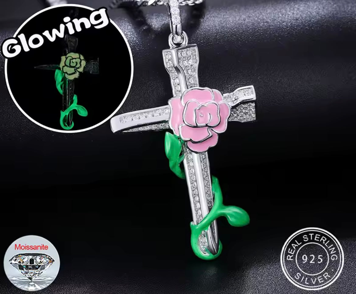 Glowing Rose Flower Cross Pendant