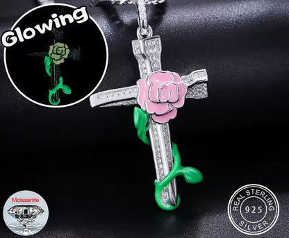 Glowing Rose Flower Cross Pendant