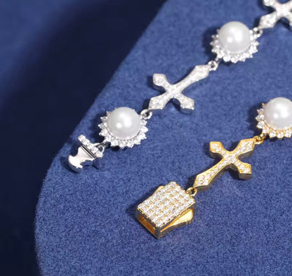 Silver Pearl Cross Bracelet