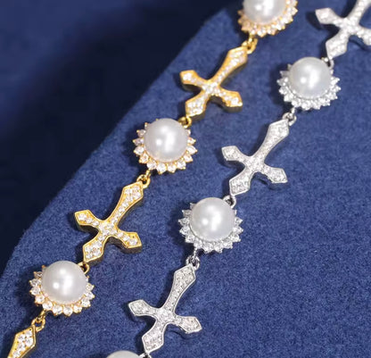 Silver Pearl Cross Bracelet