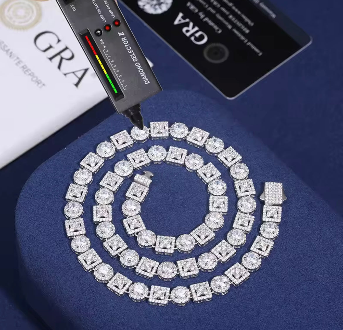 Silver Square Round Tennis Link Chain/Bracelet