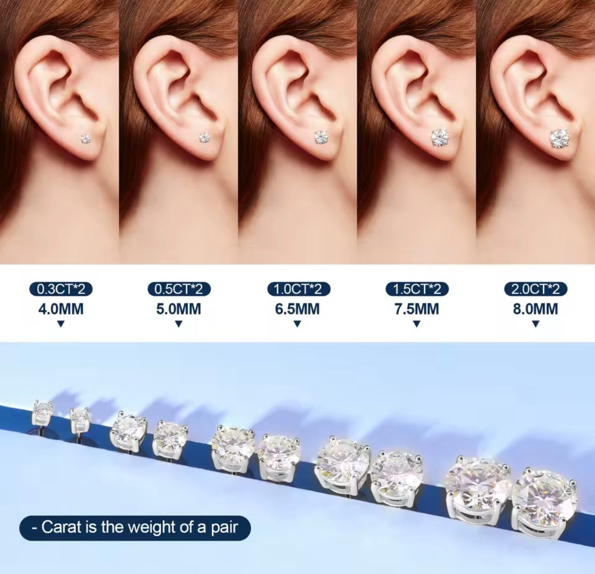 0.3-3CT Silver Stud Earrings