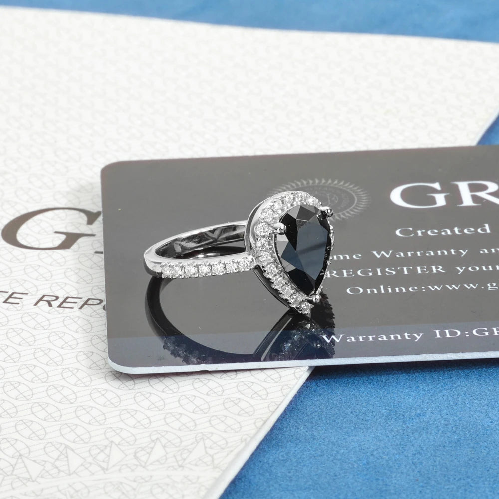 2.0ct Silver Pear Shaped Black Ring