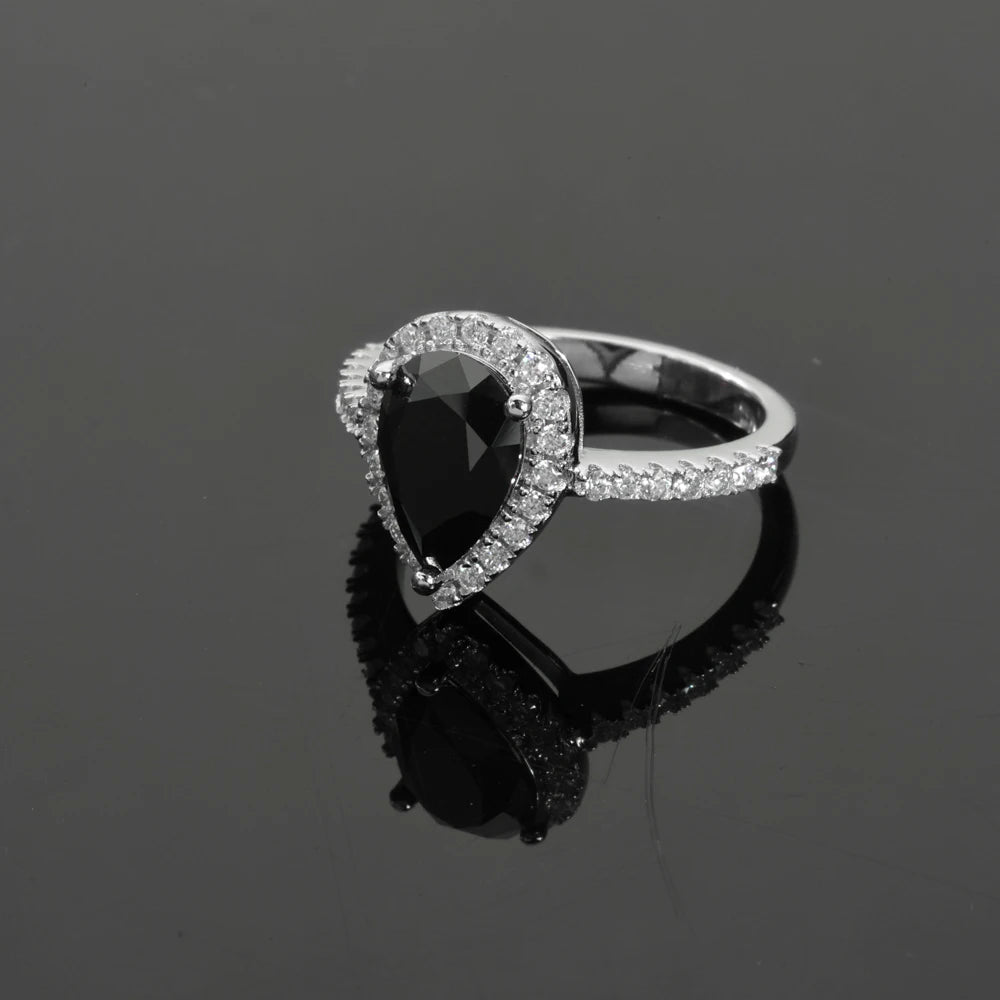 2.0ct Silver Pear Shaped Black Ring
