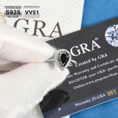 2.0ct Silver Pear Shaped Black Ring